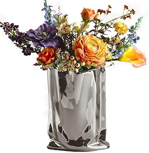 BLOFLO Silver Ceramic Modern Vase Crinkle Fold Paper Bag Handmade Ceramic Vase, Creative Flower Arrangement Ornaments, Decorative Vases for Home Decor, Mantel, Living Room Decoration (Silver) by BLOFLOSTU