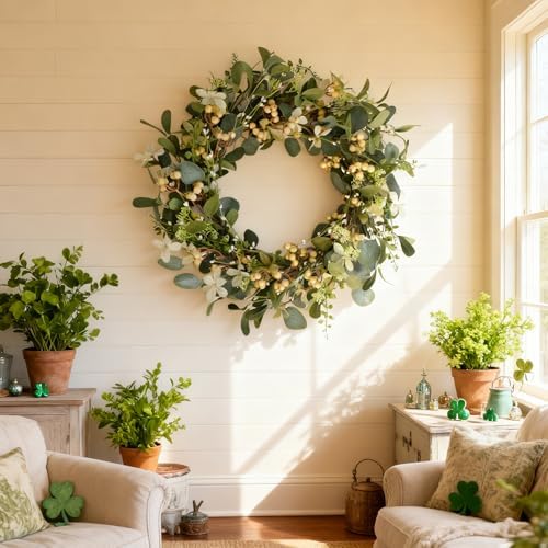 20Inch Artificial Eucalyptus Berry Wreath Green Leaf Eucalyptus Wreaths Spring Summer Wreath for Front Door Window Hanging Wall Party Decorations (20in) - Image 3