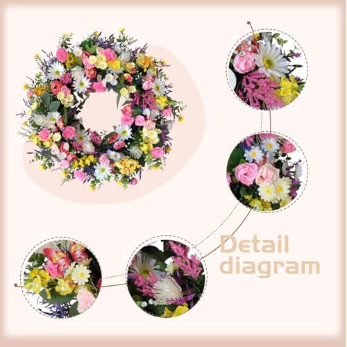 idyllic 22 Inch Spring Summer Wild Flower Front Door Wreath, Everyday Greenery Leaves for Indoor and Outdoor Use, Rustic Farmhouse Style Home Wreath Decor - Image 2