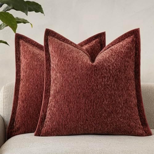 Decorative Chenille Luxury Throw Pillow Covers with Wide Edge, Textured Solid Pillowcases, Soft Velvet Cushion Cover Home Décor for Couch Sofa Chair Bed,20×20 Inch, Set of 2, Burgundy Red by Unknown