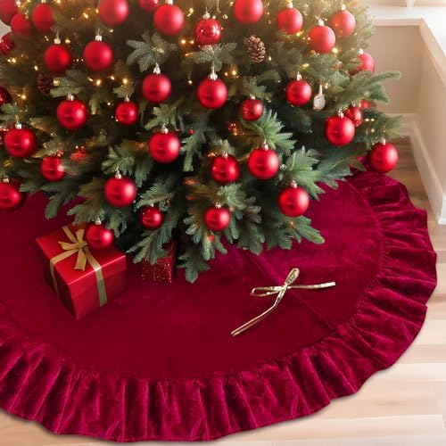 48 Inches Velvet Christmas Tree Skirt Decorations Red Wine Luxury Xmas Fur Plush Skirts for Merry Christmas Party Rustic Vintage Holiday Home Winter by QIJISTORM