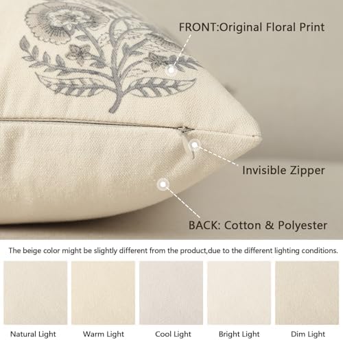 Vintage Floral Print Euro Sham Pillow Covers 24x24 Set of 2 Patterned Accent Decorative Cushion Covers Modern Farmhouse Throw Pillow Covers for Bed Sofa Couch Chair Living Room Home Decor, Light Taupe - Image 3
