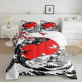 Mount Fuji Quilt Japanese Style Koi Fish Duvet Insert Ukiyo-E Theme Comforter Set Mountain Cherry Blossom Red Sun Ink Painting Down Comforter 3 Pieces with 2 Pillow Cases, King Size Black White by Erosebridal