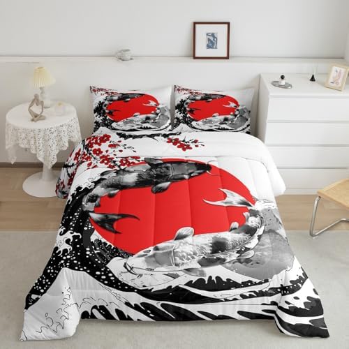 Mount Fuji Quilt Japanese Style Koi Fish Duvet Insert Ukiyo-E Theme Comforter Set Mountain Cherry Blossom Red Sun Ink Painting Down Comforter 3 Pieces with 2 Pillow Cases, King Size Black White by Erosebridal