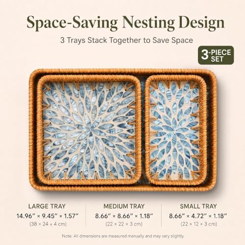 Handwoven Rattan Tray Set of 3 with Mother of Pearl Blue Floral Inlay - Image 4