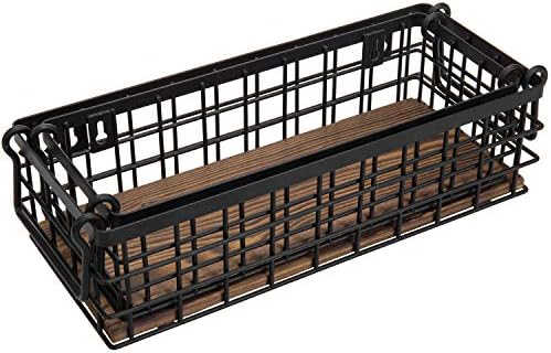 MyGift Set of 2 Black Metal Wire Baskets with Burnt Wood Base Handles - Image 7