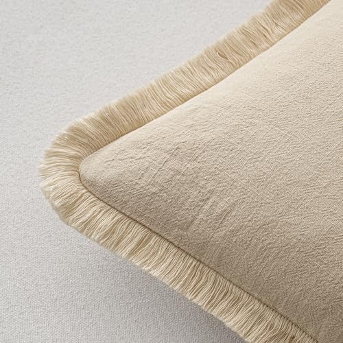 MIULEE Boho Linen Fringe Decorative Euro Throw Pillow Covers Beige 24x24 - Image 3