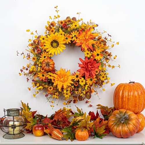 JINGHONG Artificial Fall Wreath 22 Inch Fall Wreaths for Front Door Autumn Flower Wreath with Sunflower Daisy Dahlia Pumpkin for Indoor Outdoor Window Wall Porch Harvest and Thanksgiving Celebration - Image 2