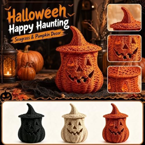 TREBIN 11'' Wicker Pumpkin Lantern Halloween Decor, Handwoven Rattan Halloween Candy Basket Jack O Lantern Candle Holder, Rustic Witch Hat Pumpkin Decoration for Tabletop Porch Mantel (Single-Saffron) - Image 3