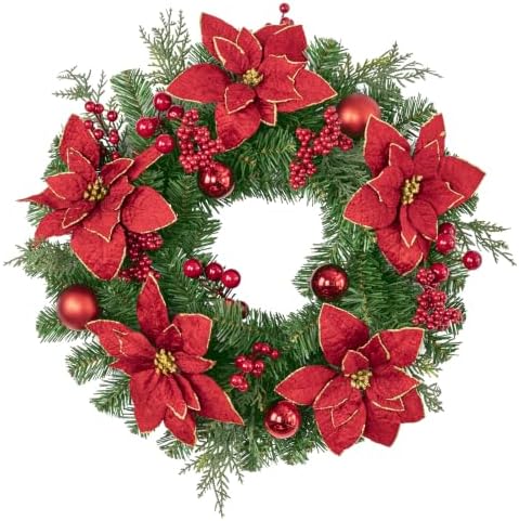 SHACOS Artificial Christmas Wreath 24" Poinsettia Flower Wreaths by SHACOS