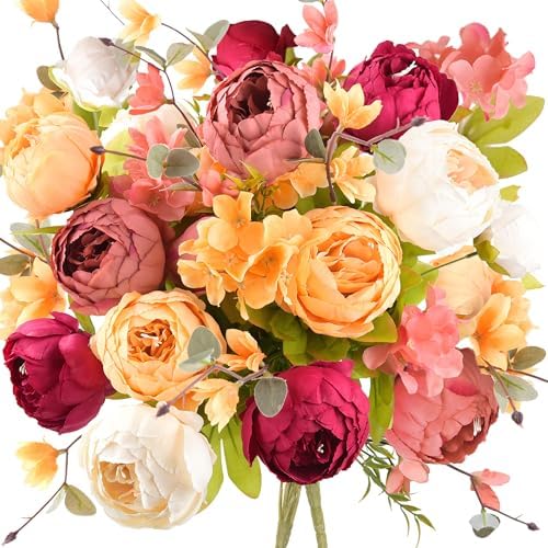 FiveSeasonStuff Peach, Coral, Cream & Burgundy Artificial Peony Set of 2 by FiveSeasonStuff