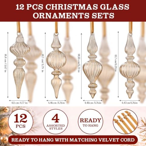 12 Pcs Vintage Glass Finial Christmas Ornaments, Light Brown - Image 5