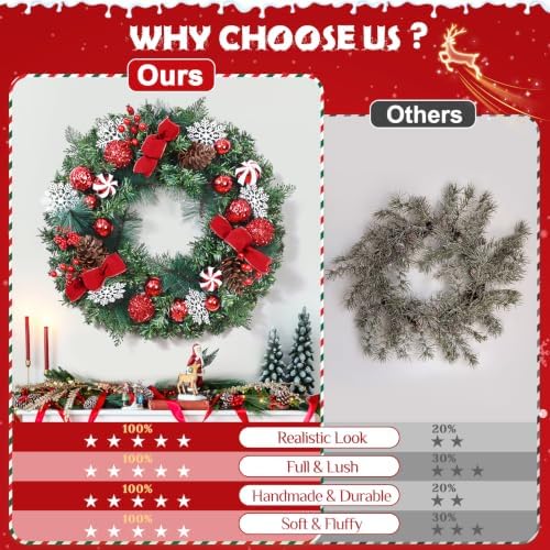Christmas Wreaths for Front Door - 2 Pack 18'' Christmas Wreath with Lights Bow Berries Cones Pine Needles, Christmas Door Wreath for Home Door Wall Party Christmas Decorations - Image 2