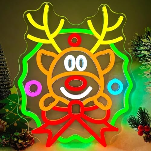 Christmas Neon Sign Wreath Elk Neon Sign for Wall Decor Deer Led Neon Christmas Lights Dimmable Reindeer Light Up Signs for Window Wall Art for Bedroom Festival Xmas Party Home Decoration Gift by DpaintNeonSign
