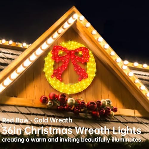 36 Inch Pre-lit Outdoor Christmas Wreath with Bow, Red Bow - Gold Wreath - Image 2