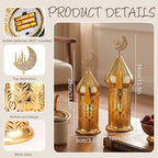 TRIROCKS Ramadan Lanterns Set of 2 14" &12" Gold Electric Candle Holders with Timer, Metal Decorative Vintage Lanterns for Indoor/Outdoor Decor, Perfect EID Mubarak Gift - Image 2