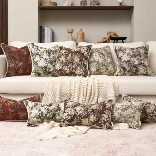 FANAMI Vintage Floral Throw Pillow Covers 20x20 Set of 2 Boho Farmhouse Accent Pillowcase Neutral Modern Chenille Square Decorative Cushion Covers for Couch Sofa Bed Living Room Home Decor, Green - Image 6