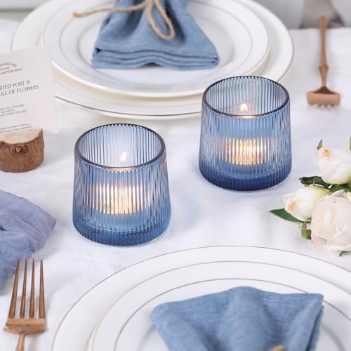 DARJEN Blue Ribbed Tealight Votive Candle Holders Set of 10 - Image 3
