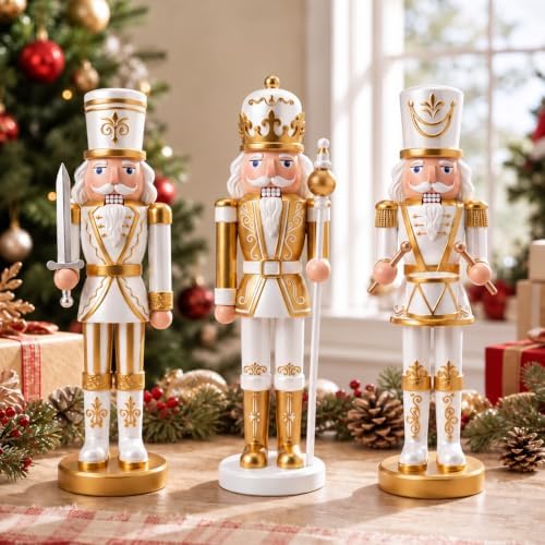 Simgoing 3 Pcs Gold White Nutcracker Christmas Resin Figures Table Decor by Simgoing
