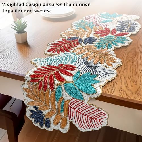 CLEENTABLE Beaded Table Runner 13x36 in, Leaf Design, Glass Beads - Image 3