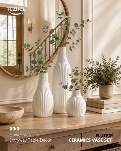 Minimal Line White Ceramic Vase Set of 3, Matte Decorative Flower Vases - Image 6