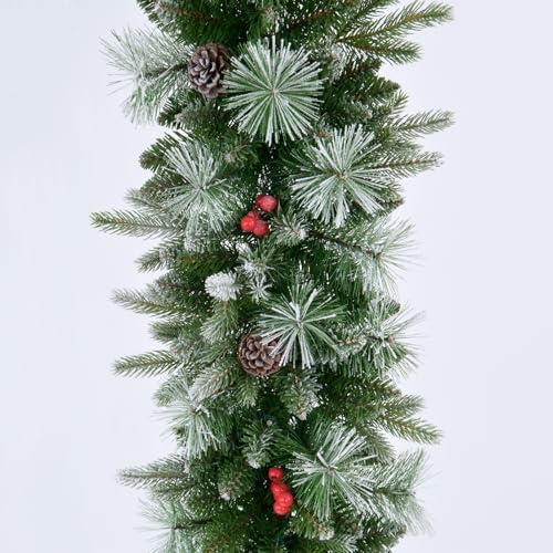9ft Artificial Christmas Snow Garland with 50 Clear Lights, Pulg in, Pine Cone, Red Berry Battery Powered String Light for Outdoor Indoor, Home Decoration Mantle Stairs Railing Fireplace Door - Image 4