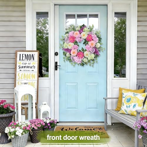 24 Inch Dahlia & Hydrangea Wreath Artificial Spring Wreath for Front Door Floral Wreat with Hyacinth Daisy Eucalyptus Ivy Indoor Outdoor Farmhouse Home Decor for Valentine’s Day Easter Summer - Image 5