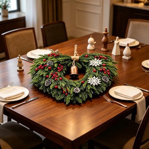 24 Inch Christmas Wreath for Front Door - Artificial Cedar Winter Wreath with Golden Bell, Pinecones & Red Berries, Farmhouse Holiday Wreath for Indoor Outdoor Christmas Decorations - Image 6