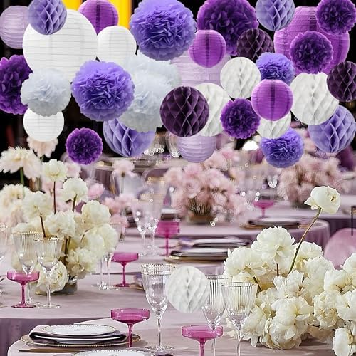 WOLHOWLTD Lavender White Paper Decoration Set - 33Pcs Paper Lanterns Pompoms Honeycomb for Wedding,Engagement,Mermaid Theme,Mother's Day,Bridal Shower,Birthday Home Garden Decoration(Purple White) - Image 3