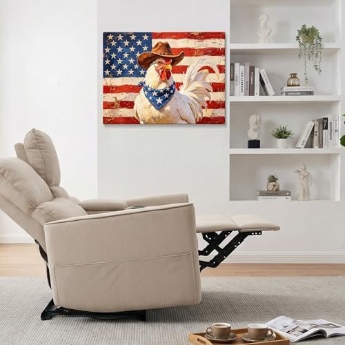 July 4th Patriotic Canvas Wall Art 4th of July USA Decorations Vintage American Flag Chicken Painting Roosters Chickens Picture Wall Decor Independence Day Home Decor 24x32in - Image 3