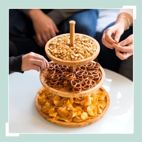 Relaxdays Bamboo Etagere: 37 cm x 30 cm Fruit Etagere Wooden with 3 Round Plates for Cookies, Sweets, Baked Goods, Party-Snacks, Nuts and More, Fruit Plate Serving Dish Tray Platter, Natural - Image 2