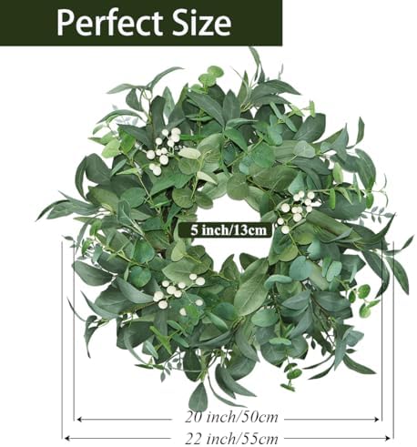 20"-22“ Green Eucalyptus Wreaths for Front Door with White Berries – Lifelike Spring, Summer, and Winter Wreath for Farmhouse Front Porch, Window, Door Decor - Image 3