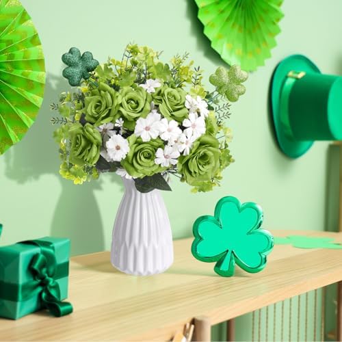 Zeyune 9 Pcs St. Patrick's Day Flower Decorations Artificial Shamrock Centerpiece Table Green Rose Clover Branches Fake Gerbera Picks Floral Arrangement for Irish Decor Farmhouse Home Party Supplies - Image 4