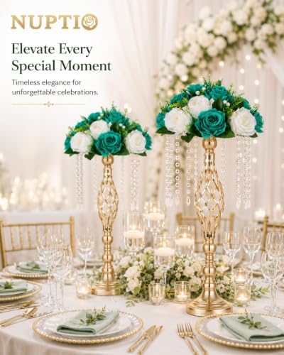 NUPTIO Flower Wedding Centrepieces for Tables - 10 Pcs 9.5in Diameter Teal & White Artificial Flowers Rose Ball for Centerpieces Table - Fake Rose Arrangements for Weddings Birthday Party Decorations - Image 2