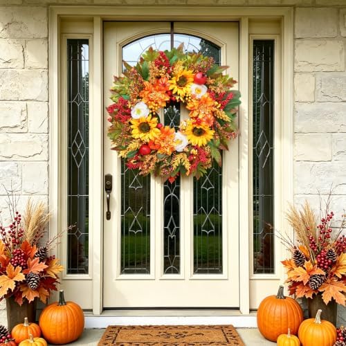 Fall Wreaths for Front Door, 24 Inch Autumn Wreath Luxury Harvest and Thanksgiving Indoor & Outdoor, Fall Door Wreath with Dahlias, Sunflowers,Peony&Pumpkins, Fall Wreath for Outdoor Wreaths - Image 6