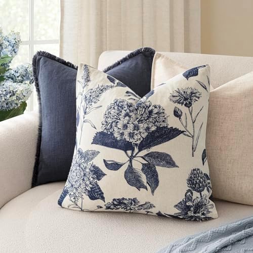 Foindtower Set of 2 Linen Floral Vintage Throw Pillow Covers Neutral Accent Print Decorative Cozy Cushion Covers Farmhouse Boho Home Decor for Sofa Chair Couch Bed Living Room,20×20 Inch,Navy Blue - Image 4