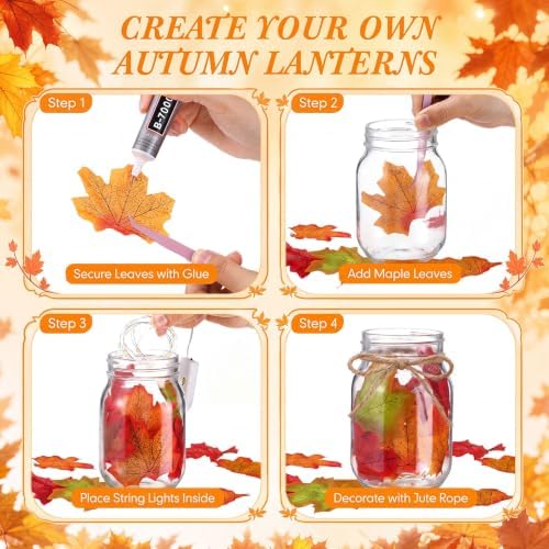 6 Pack DIY Fall Mason Jar Lantern Craft Kit, LED Lights & Maple Leaves - Image 4