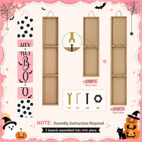 Pinkunn Pink Halloween Boo Porch Decor 47.2" Wood Sign with Large Bow - Image 2