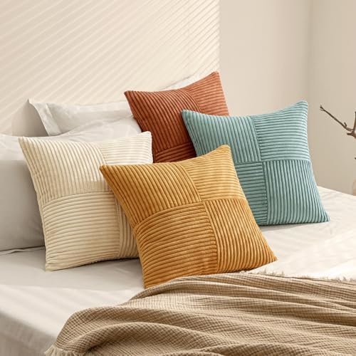 MIULEE Fall Boho Farmhouse Decorative Throw Pillow Covers 20x20 Inch 4 Packs Soft Vintage Pillow Cases Modern Corduroy Patchwork Cushion Covers for Couch Sofa Bed Home Decor, Teal-Rust - Image 7