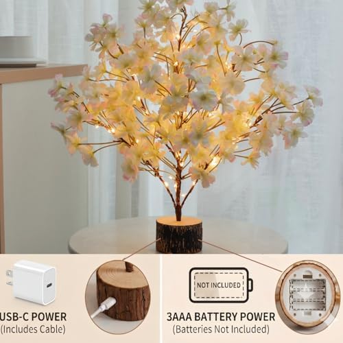 19'' Lighted Cherry Blossm Tree,Led Flower Tree Lamp with Timer, Artificial Bonsai Tree Battery or USB-C Operated for Bedroom Indoor Home Spring Summer Wedding Decor(White Pink) - Image 2