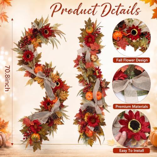 6 ft Fall Garland for Mantle Pumpkin Maple Leaf Garland - Image 2