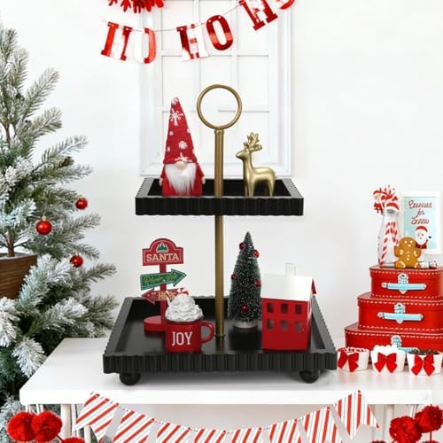 Modern 2 Tier Black Rectangular Decorative Tray with Gold Handle - Image 7