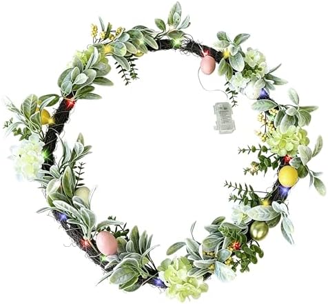 24'' Spring Summer Wreath Decoration for Front Door,Mantle, LED Lights with 8 Light Modes, Artificial Summer Floral Wreath with Easter Eggs Lambs Ear Leaves for Indoor Outdoor,Holiday Decor - Image 4