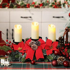 Christmas Centerpiece with 3 Candle Holders 3 LED Candles 1 String Lights Xmas Triple Candelabrum Poinsettia Red Buffalo Plaid Bow Berry Pine Cones with 3 Candle Holders for Tables Home Decorations - Image 6