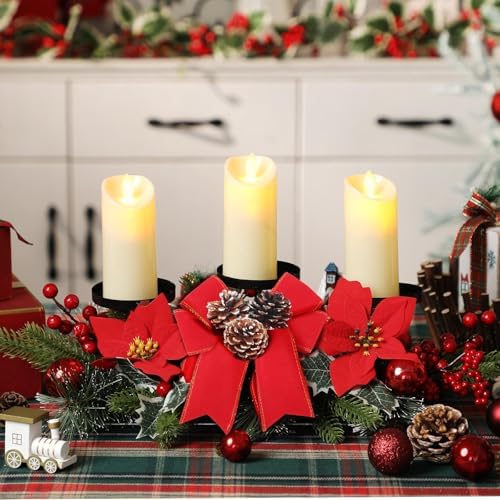 Christmas Centerpiece with 3 Candle Holders 3 LED Candles 1 String Lights Xmas Triple Candelabrum Poinsettia Red Buffalo Plaid Bow Berry Pine Cones with 3 Candle Holders for Tables Home Decorations - Image 6