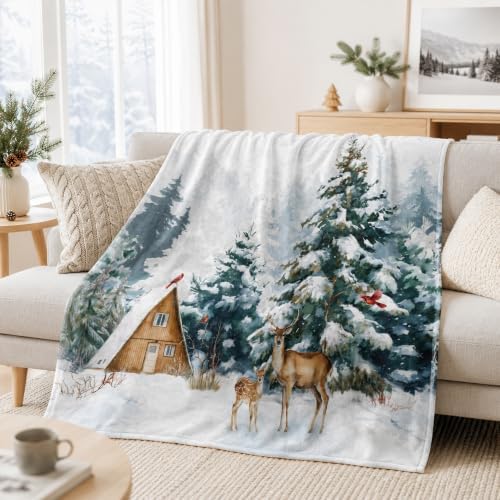 Winter Deer Throw Blanket, Snow Forest Flannel, 80 x 60 by Paopoed