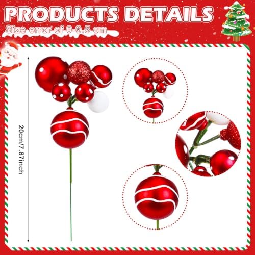 Daifunli 8 Pcs Red and White Christmas Tree Picks 7.87 Inch Christmas Balls Ornaments Xmas Hanging Decorations for Xmas Tree Topper DIY Wreath Holiday Floral Vase Fillers Crafts Home Decor - Image 2