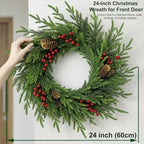 24 Inch Norfolk Pine Wreath for Front Door, Artificial Christmas Wreath - Image 3