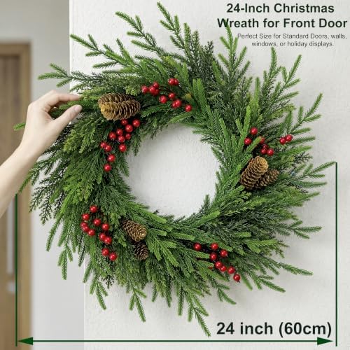 24 Inch Norfolk Pine Wreath for Front Door, Artificial Christmas Wreath - Image 3
