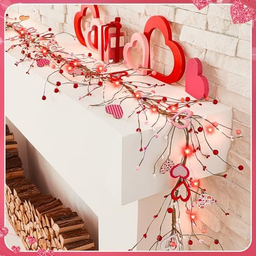 Thiccywoov 9.84 ft Valentine's Day Garland Valentines Day Wreath Decor Red Pink White Berry Heart Garland with LED Lights Artificial Vine for Valentines Wedding Anniversary Door Fireplace Home Decor - Image 2